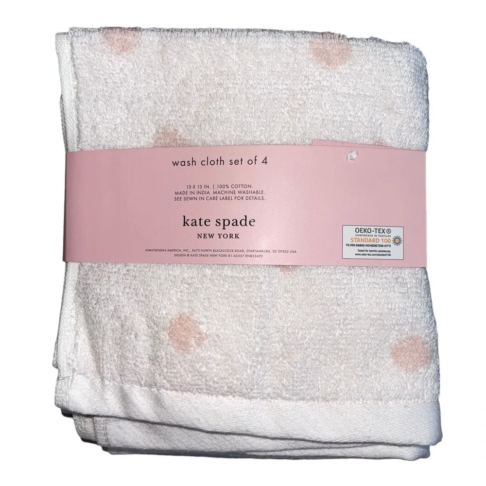 Kate Spade Washcloths Set of 4 White with pink polka dots NWT
